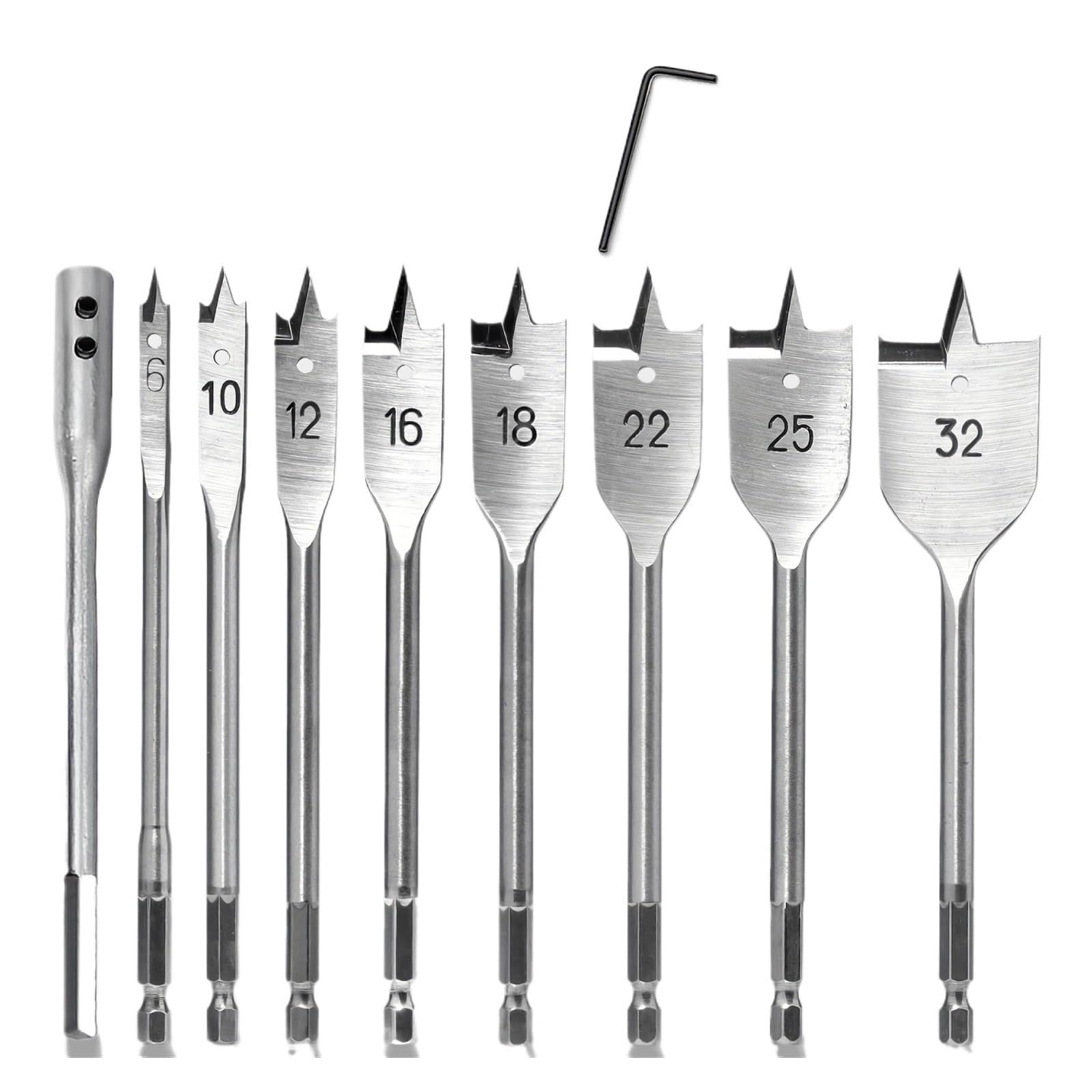 Broca de pala Juego de brocas de cincel de 10 piezas, 6-32 mm con vástago hexagonal, biela y llave, de tres puntos