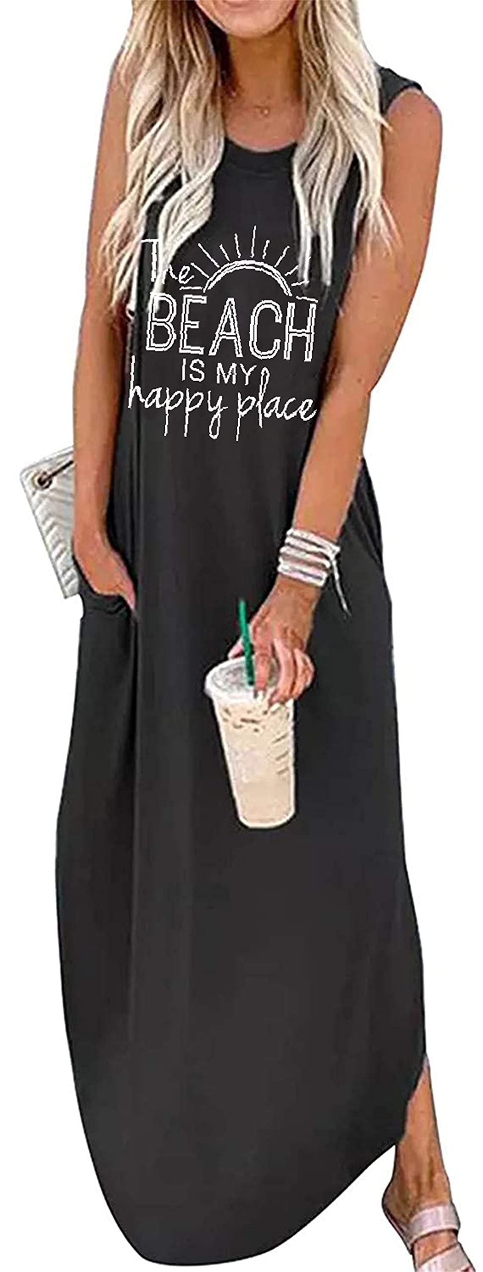 Women's Casual Beach Summer Dresses Sleeveless Graphic Long Sundress Cover Up Dresses with Pocket