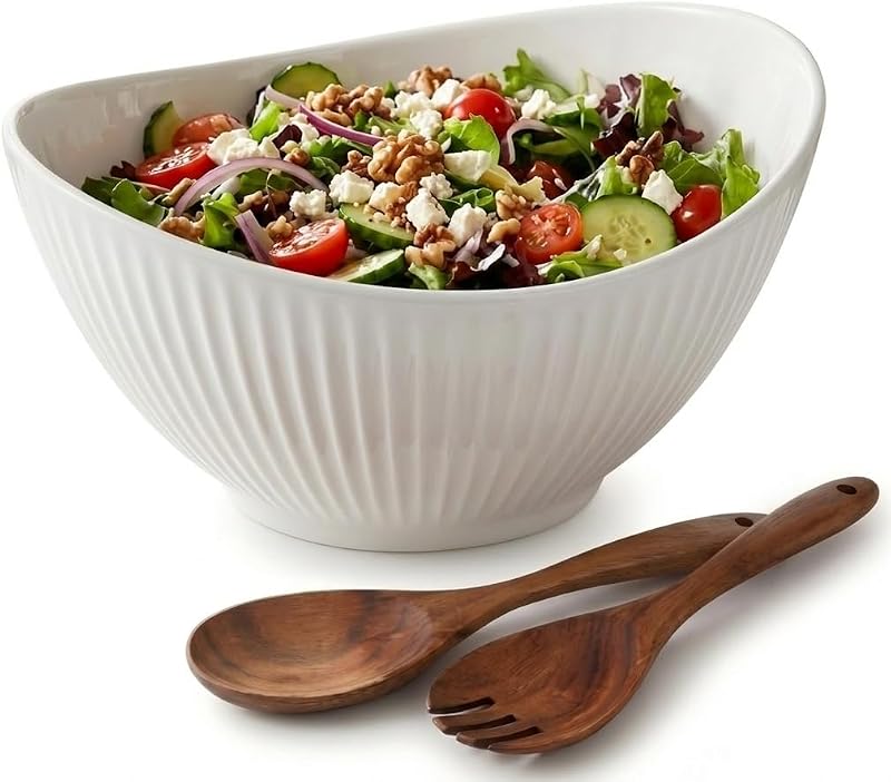 Ensaladera grande de cerámica de 60 oz con utensilios de madera de acacia, cuenco ovalado blanco de 10 pulgadas para servir sopa, pasta, fruta, aperitivos – Cuencos para mezclar para entretenimiento, fiesta, cocina, cena – Regalo de inauguración de la casa