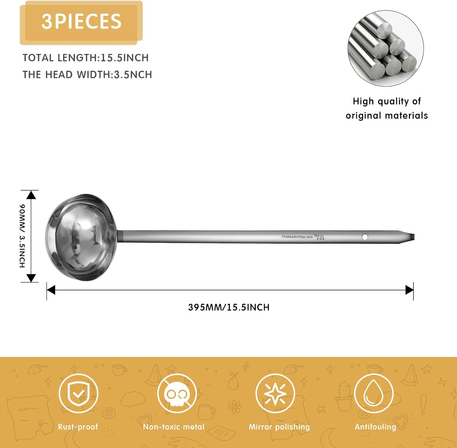 meekoo 3 Pieces Stainless Steel Ladle Soup Handle Ladle with Pouring Rim for Kitchen Cooking Soup Sauce(6 oz) 6 oz 3