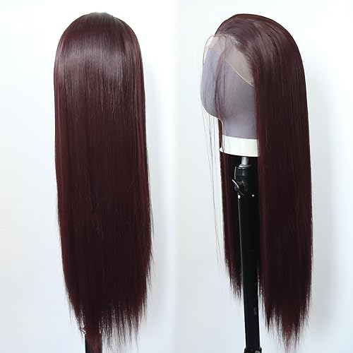 Miniatura 8 de zigzag hair 99J Peluca larga y lacia 99J color borgoña sintético con encaje frontal, prearrancada con hariline natural para mujeres de moda,