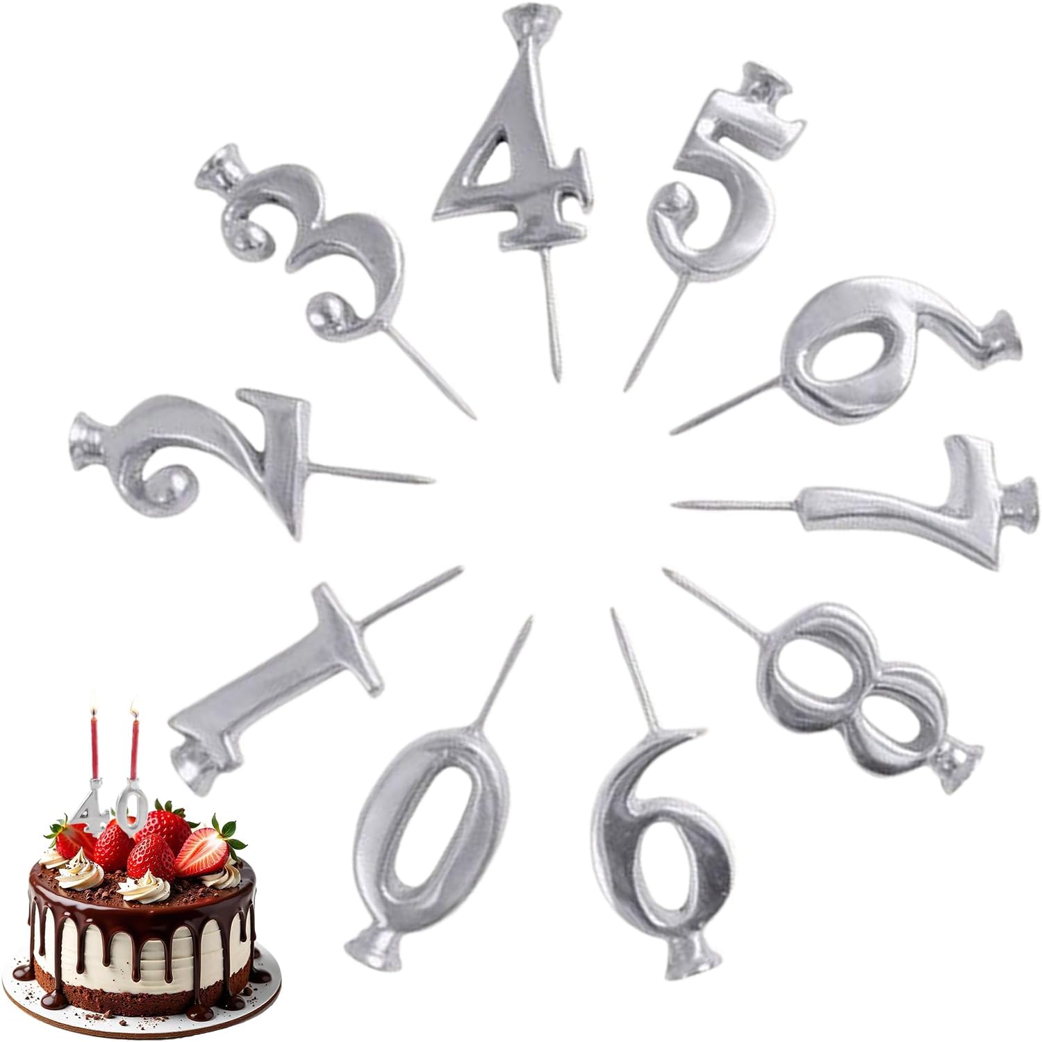 Number Candles Holder Set, 0-9 Steady Decorations, Silver Digital Birthday Cake Candle Holder Set, Reusable Metal Number CandlesHolder for Birthday Cake Party Holiday Home Indoor