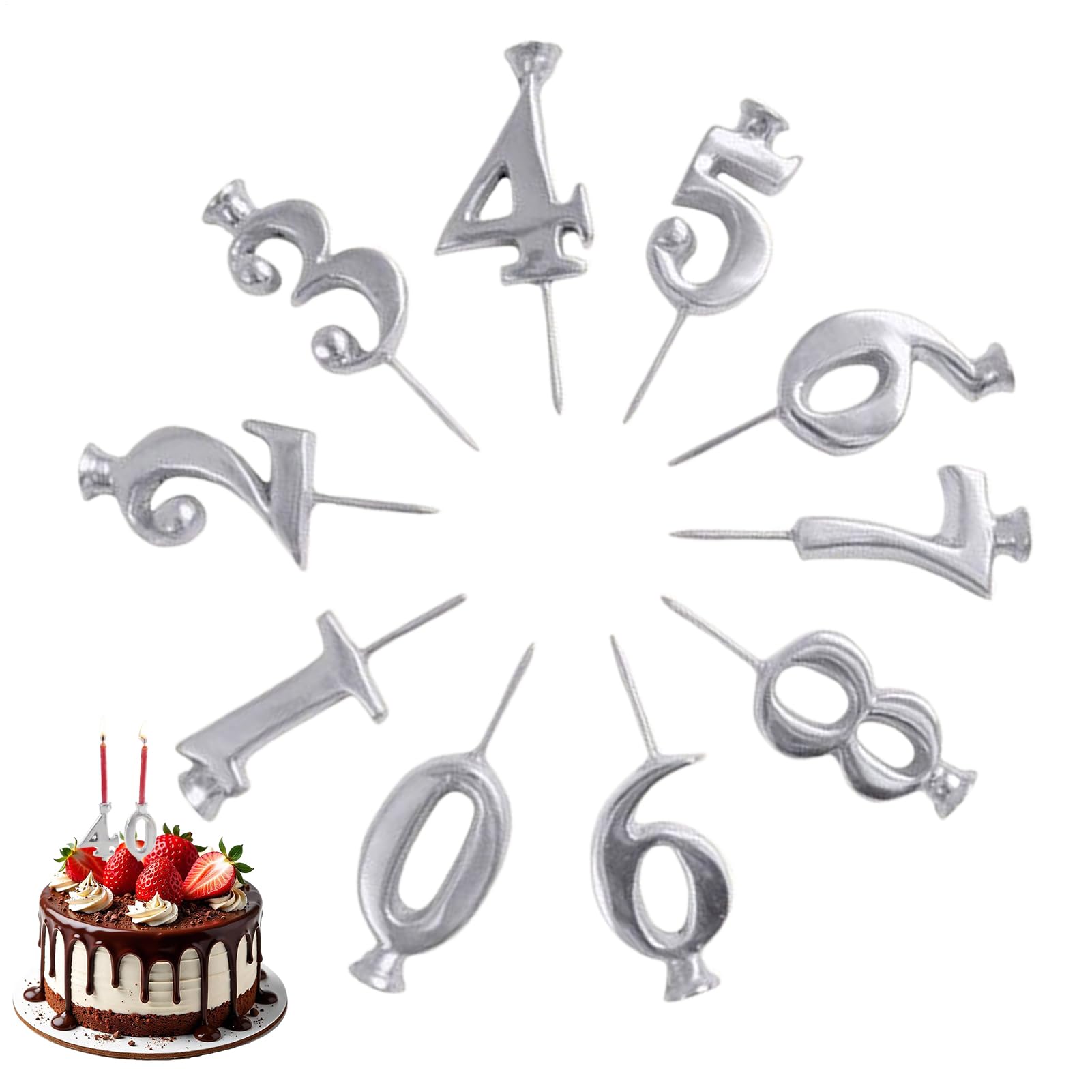 Number Candles Holder Set, 0-9 Steady Decorations, Silver Digital Birthday Cake Candle Holder Set, Reusable Metal Number CandlesHolder for Birthday Cake Party Holiday Home Indoor