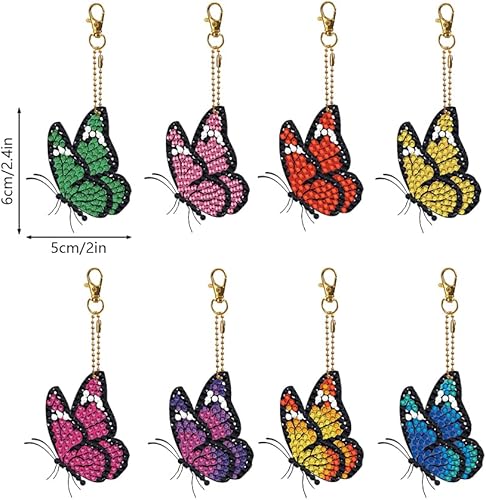 Miniatura 3 de AZURAOKEY Juego de 8 piezas de arte de diamantes de mariposa llavero de doble cara DIY Butterfly Diamond Art Llaveros de arte de diamantes en forma