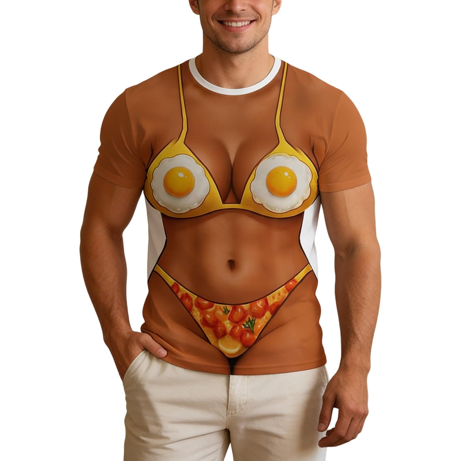 T-Shirt Men's Funny 3D Print Tops Muscle Costume Bikini Body Printed Muscle Shirt Sexy Large Sizes Funny Graphic Short Sleeve T-Shirts Summer Casual Shirt Holiday Beach Blouses, O Beige, XL