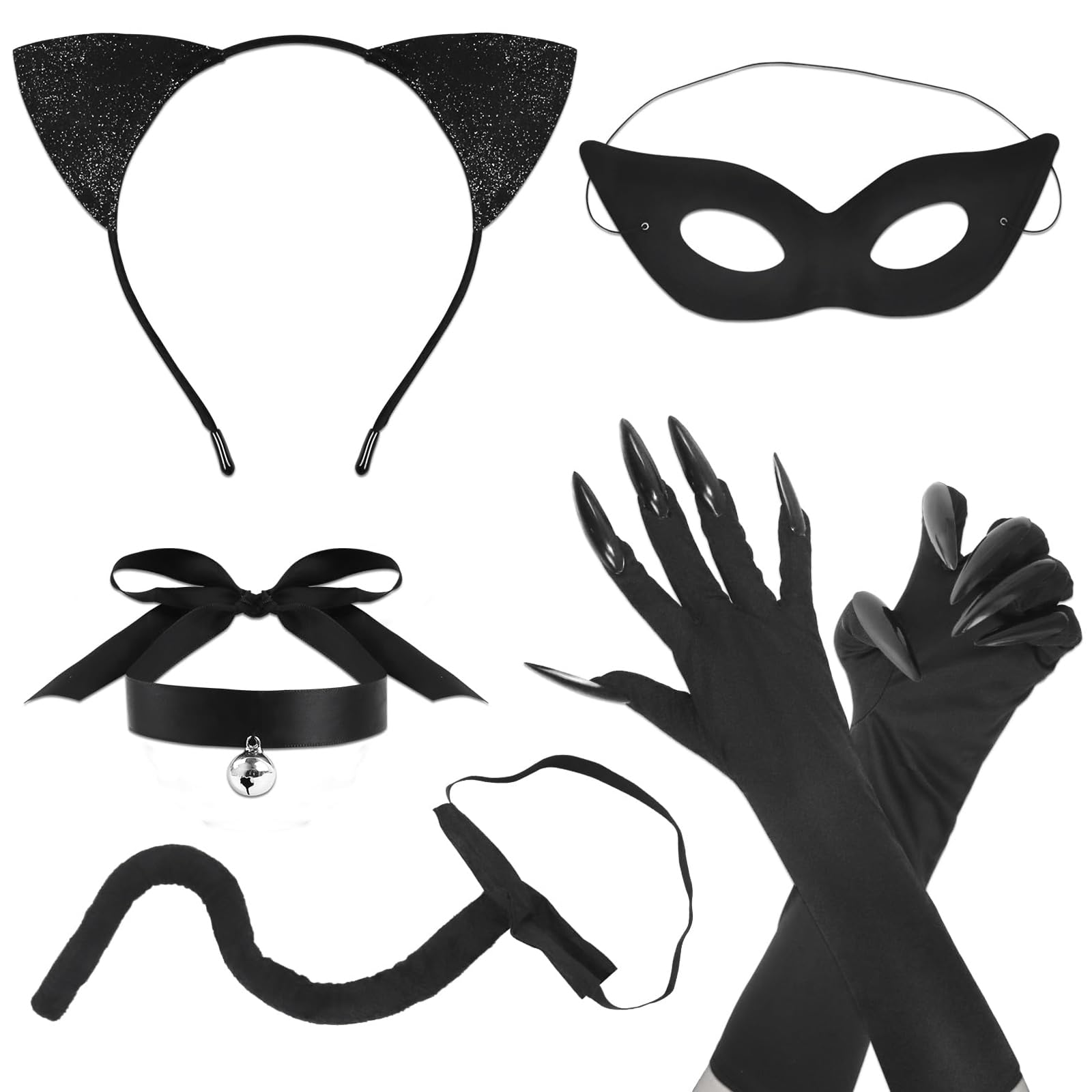 Doodlewitz 6pcs Black Cat Costume Set, Sequins Black Cat Ears Cat Tail Masquerade Eye Cover Tail Cat Claw Gloves Choker