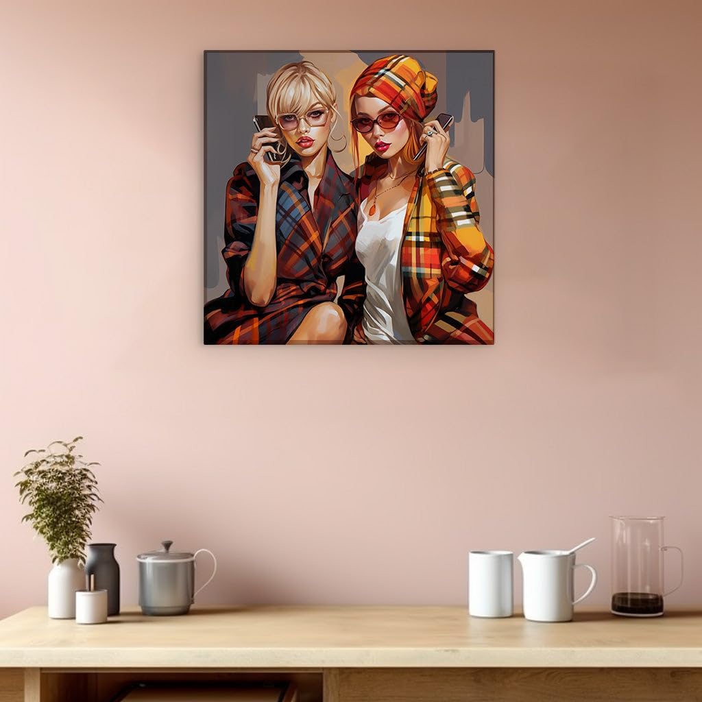 Canvas for Living room. Autumn Chic: Trendsetting Duo in Sunglasses and Plaid, 27 x 18 inch Canvas Wall Art - Modern Home Decor - 69x46 cm (27x18 inch)