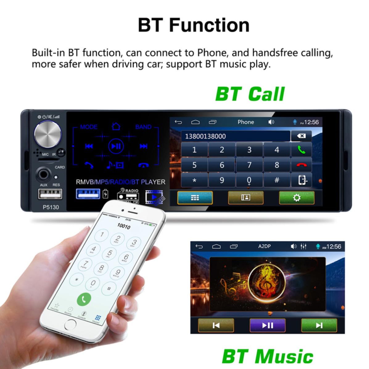 Artibetter Lecteur Mp5 Tuner FM Intégré Écran Tactile Capacitif pour Voiture 4,1 Pouces Puissance Maximale 50w X 4, Boîtier Plastique et Métal Noir