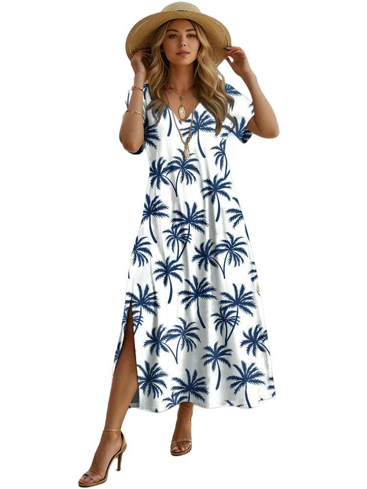 Sukienka w stylu boho hawajska damska sukienka z krótkim rękawem, modna, letnia sukienka z dekoltem w serek