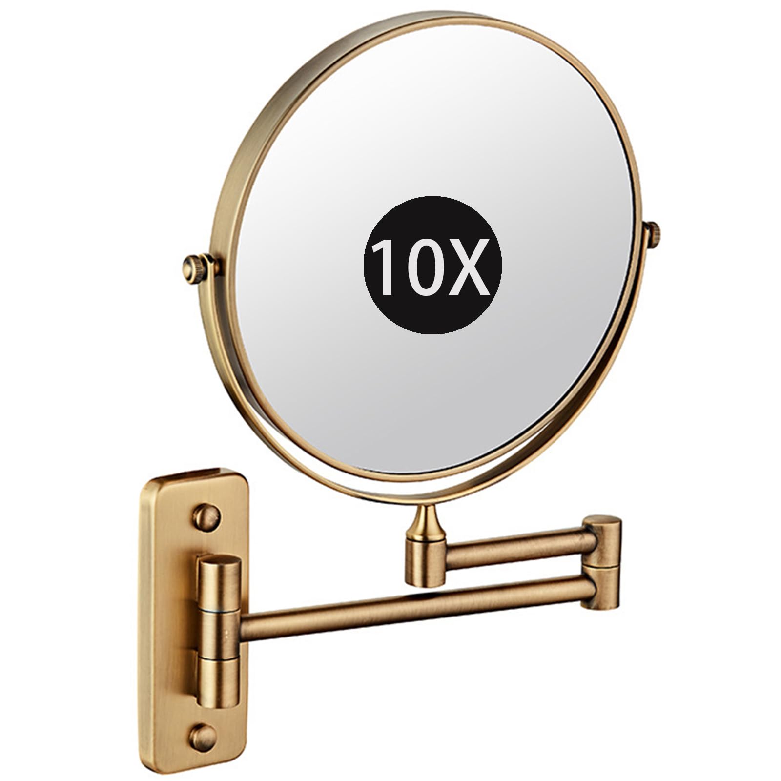 SXFSDOU 8" Wall Mounted Makeup Mirror with Magnification, Double Sided Magnifying Mirror, Extendable Bathroom Shaving Cosmetic Vanity Mirror,Brass,10X