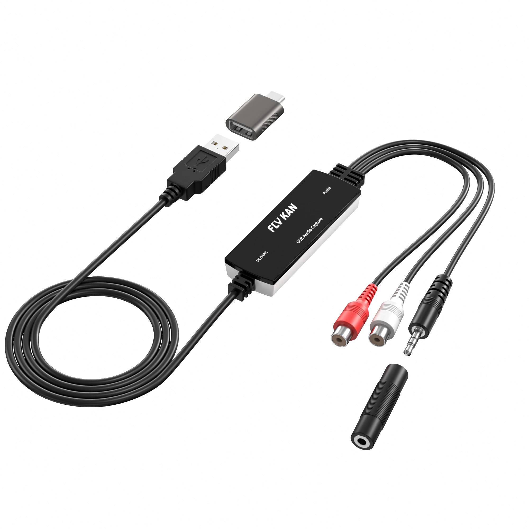 Carte de capture audio USB 2.0 pour cassettes analogiques en vinyle vers convertisseur MP3 numérique, prise en charge de Windows 11/10/8.1/8/7 et Mac OS 10.14 (avec adaptateur USB vers type C)