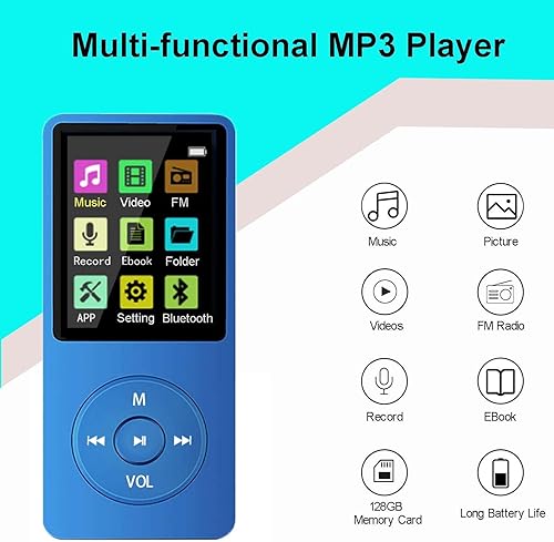 Miniatura 2 de Reproductor MP3 de 128 GB con Bluetooth 5.2, reproductor de música azul portátil para niños con altavoz HD integrado, radio FM, grabadora de voz,