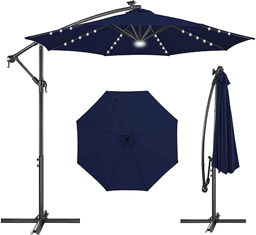 FLAME&SHADE Paraguas solar voladizo de 10 pies con 40 luces LED, paraguas grande iluminado para patio al aire libre, 8 varillas resistentes,