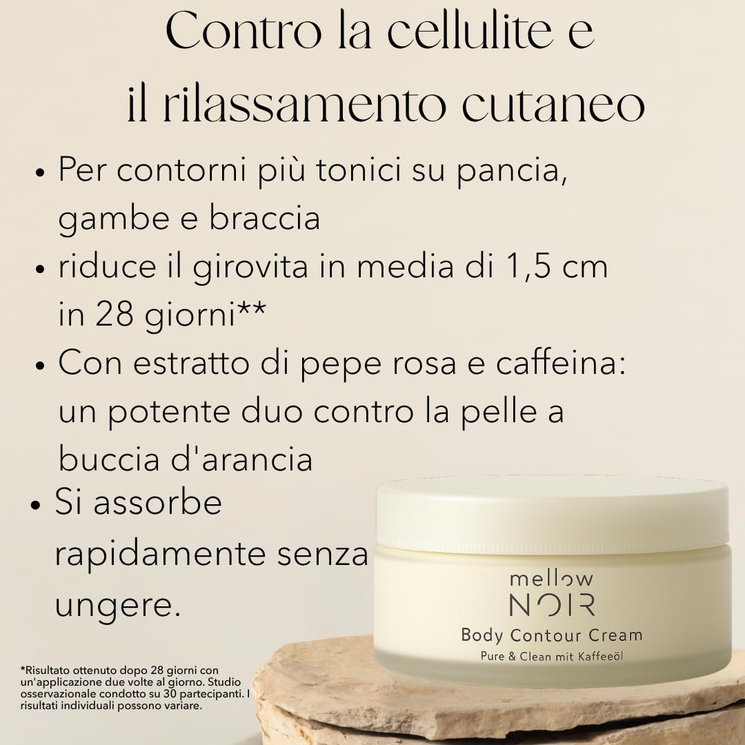 mellow NOIR Body Contour Cream 200 ml – Crema per il corpo contro la cellulite e la pelle flaccida – per contorni solidi su addome, gambe e braccia – assorbe rapidamente senza grasso – Cosmetici