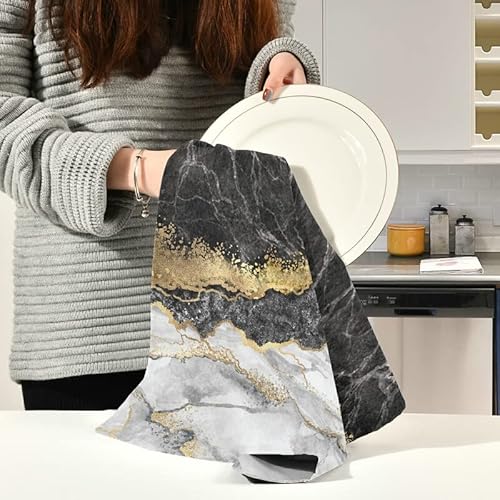 Gold Black Marble Kitchen Towels, Dish Towel Ultra Absorbent Fast Drying, Tea Towels 28X18 Inches For Cooking Baking Household Cleaning, Set Of 4 #TOP5