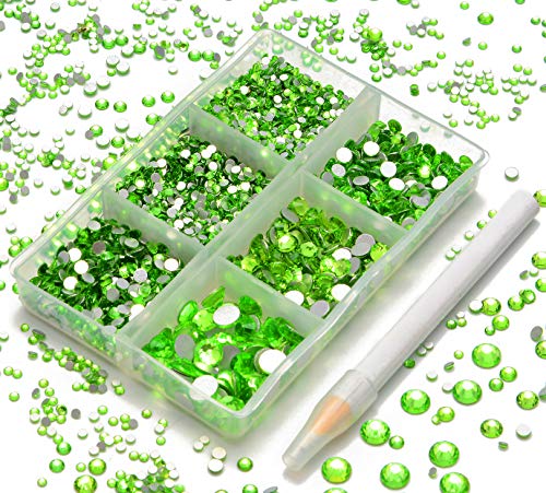 AD Beads 4300 Pieces Flat Back Gems Crystal Rhinestones Round 6 Sizes (2-6.5mm) with Storage Organizer Box,Rhinestones Picking Pen for Nail Face Clothes Shoes Bags Phone DIY (Peridot)