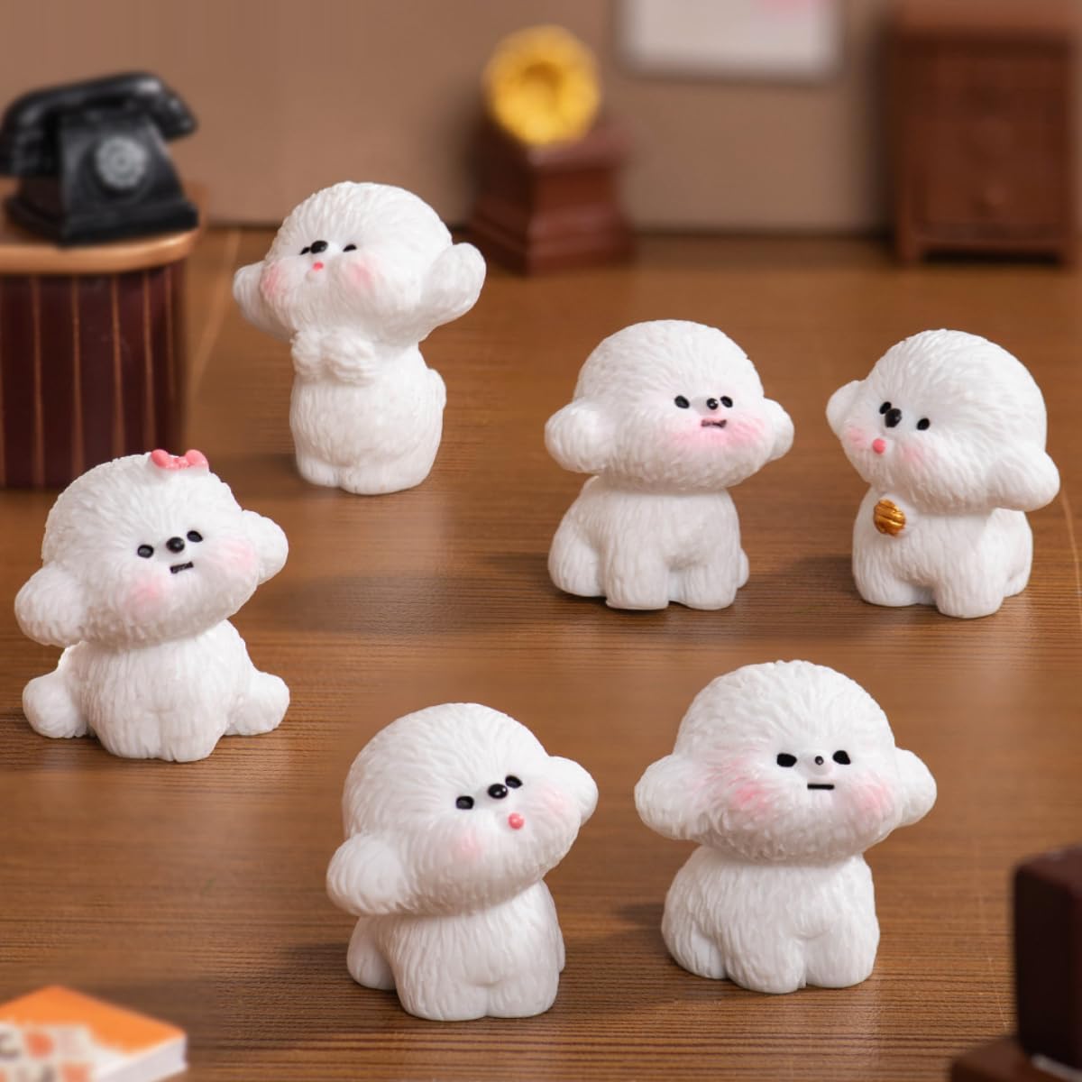 FOLANDO Puppy Figure Set, 6 Pcs Mini Dog Figurines Bichon Frise Ornaments Puppies Statue Garten Decoration Pet Dog Animal Figures Doggy Sculpture Micro Landscape Desk Office Car Decor (6 Puppy)