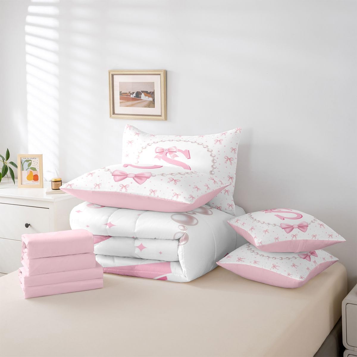 Erosebridal Pink Coquette Bow Twin Comforter Set with Sheets - Monogrammed Initial S Bows Bedding Set 7 Piece for Girls Kids, Pink and White Bow Tie Fitted Flat Sheet, Preppy Bowknot Bed Set