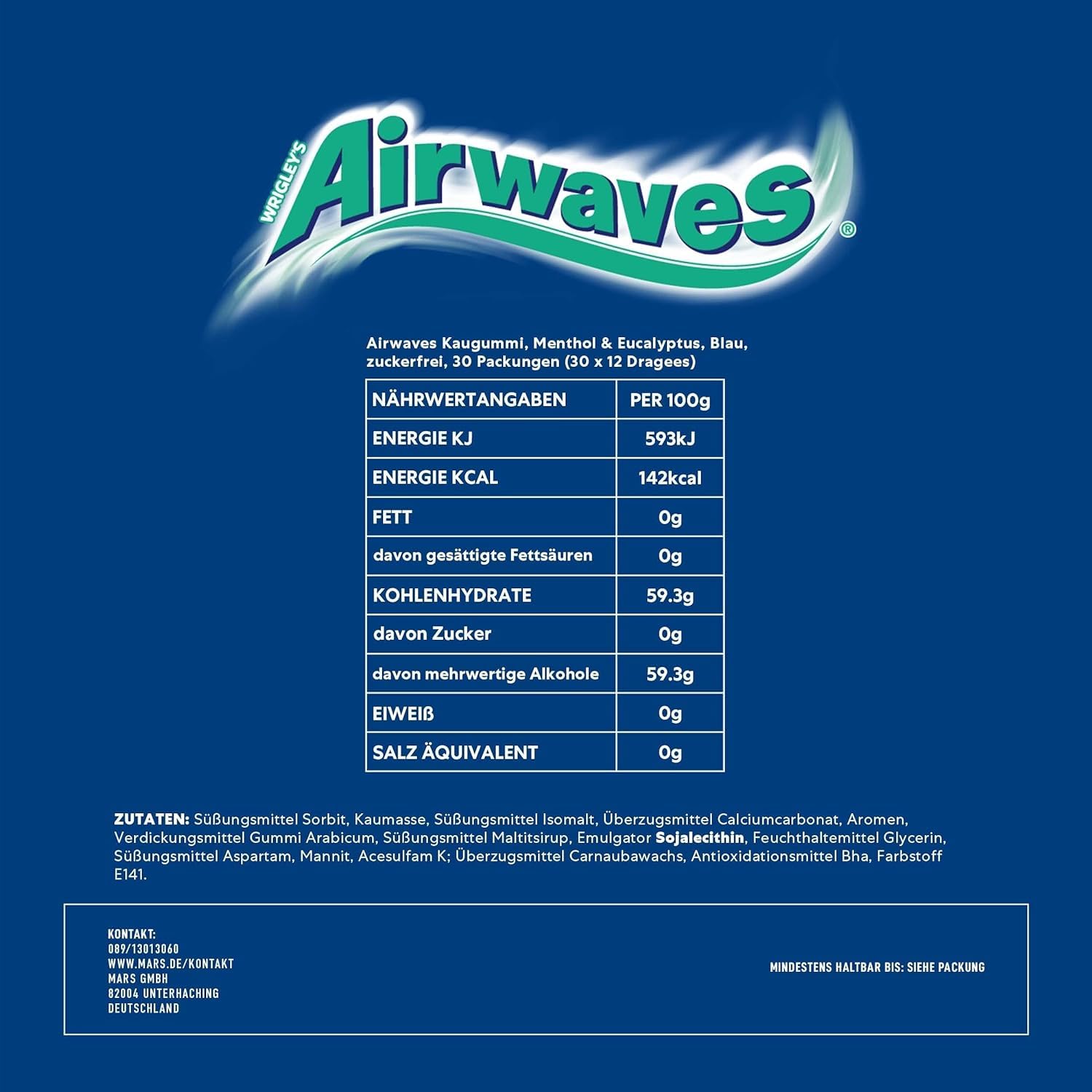 Airwaves Kaugummi Zuckerfrei, Menthol Eukalyptus Gum, 30 x 12 Dragees, Großpackung Chewing Gum, Kaugummi ohne Zucker mit Minz Frische (360 Dragees)