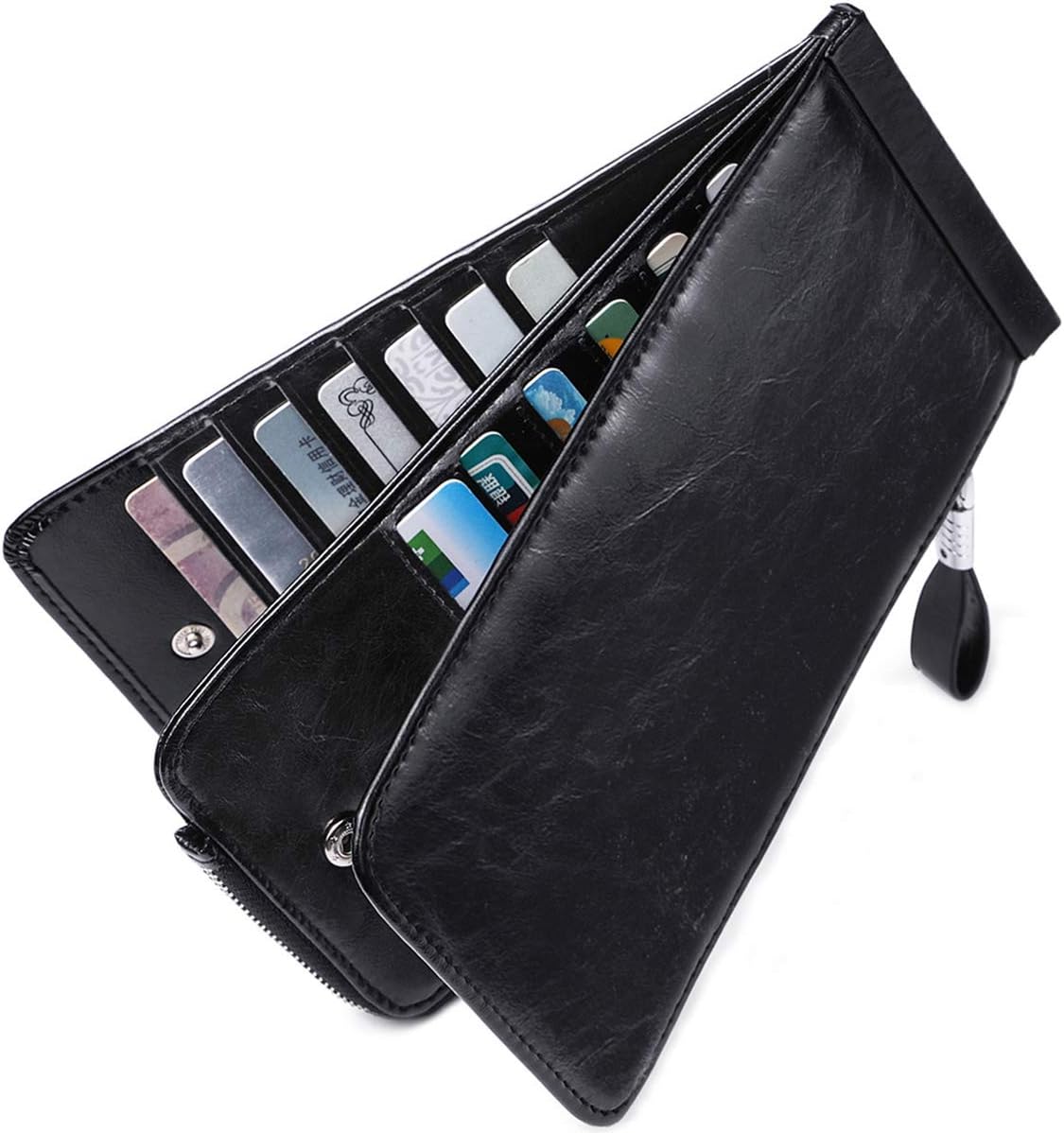 Huztencor Women's Credit Card Holders RFID Blocking Purse Wallet Designer Leather Ladies Slim Multi Card Wallet Holder Case Sleeve with ID Window Oil Black