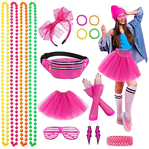 8-teiliges 80er Jahre Accessoire-Set Für Damen – Rosa, Mit Armband, Beinstulpen, Fischnetz-Handschuhen, Stirnband & Brille Für Retro-Partys