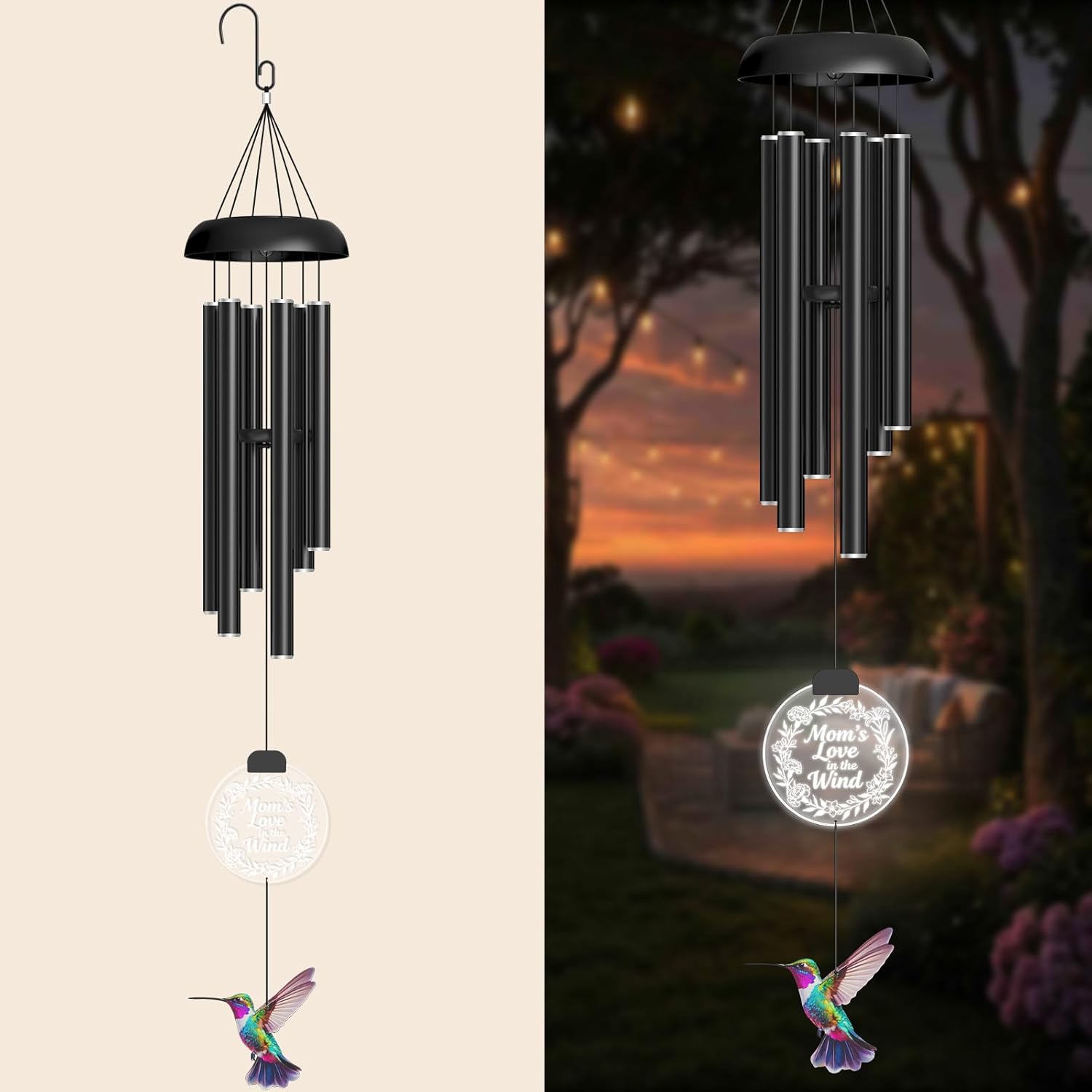 37" Solar Wind Chimes for Outside, Gifts Wind Chimes with Solar Powered Acrylic Lights & Hand-Painted Hummingbird for Mom, Grandma, Outdoor Wind Chimes for Garden, Patio, Yard
