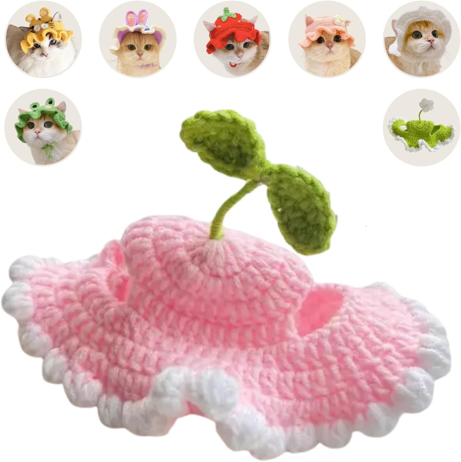 Cute Cosplay Flared Hat for Cats Handmade Knitted Dress Up Costume Headwear with Ear Hole for Small Animal Rabbit Guinea Pig Festival Party Photo