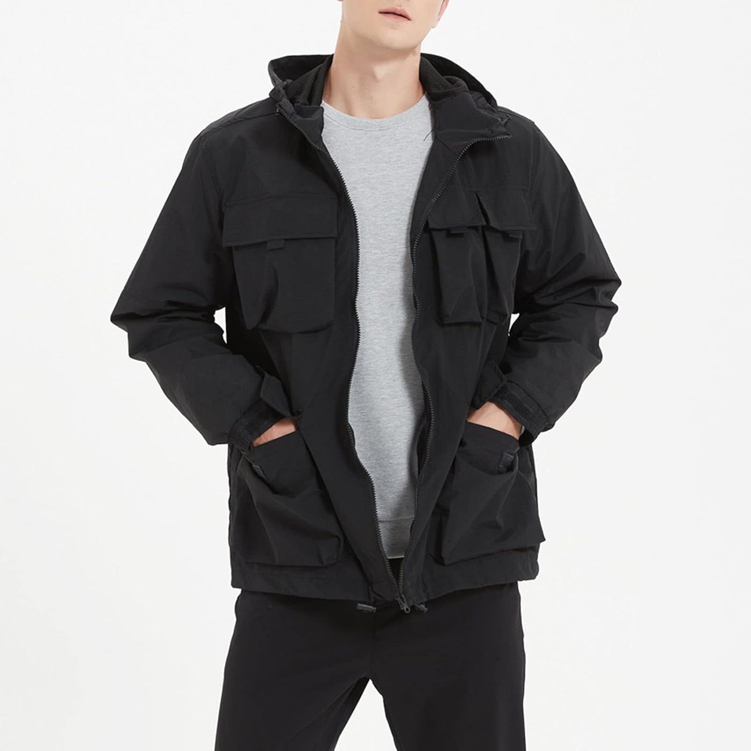 JEsilunmaMY Men's Multi Flap Pockets Hiking Jacket Lightweight Windproof Water Resistant Hoodies Outdoor Cargo Windbreaker