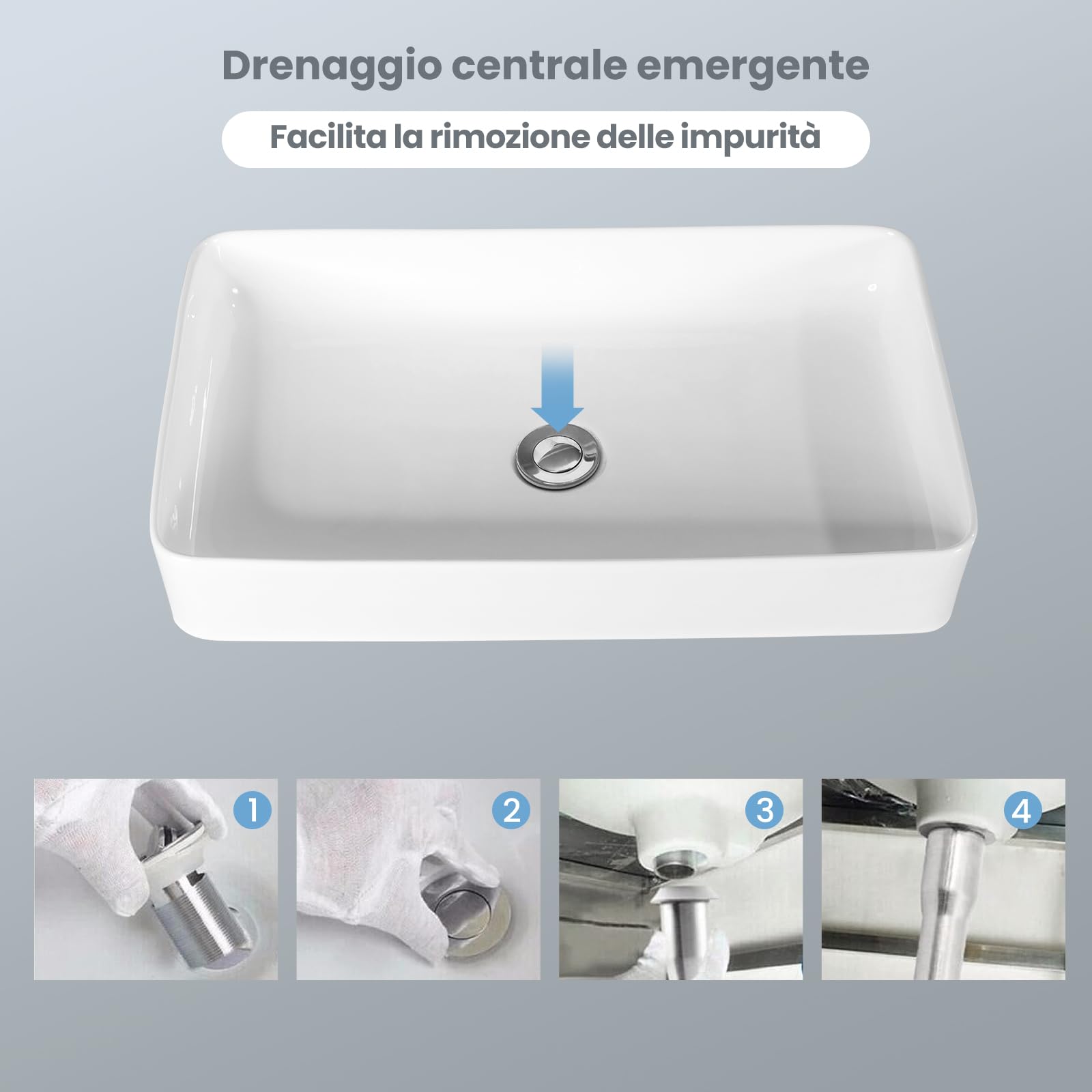 GYMAX 60 x 35 x 11 cm Lavabo in Ceramica Rettangolare con Scarico a Pressione, Lavello d'Appoggio Bianco con Superficie Liscia per una Pulizia Facile, Stile Moderno, Ideale per Casa, Ristorante, Hotel