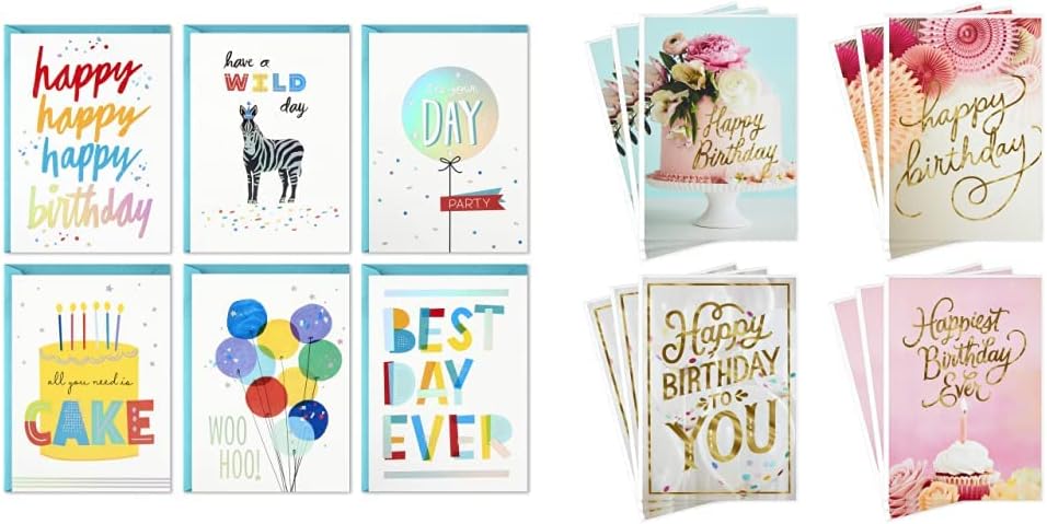 Hallmark Birthday Cards Assortment, 24 Cards with Envelopes (Rainbow Lettering, Best Day Ever) & Birthday Cards Assortment, Balloons, Cake, Flowers (12 Cards with Envelopes)