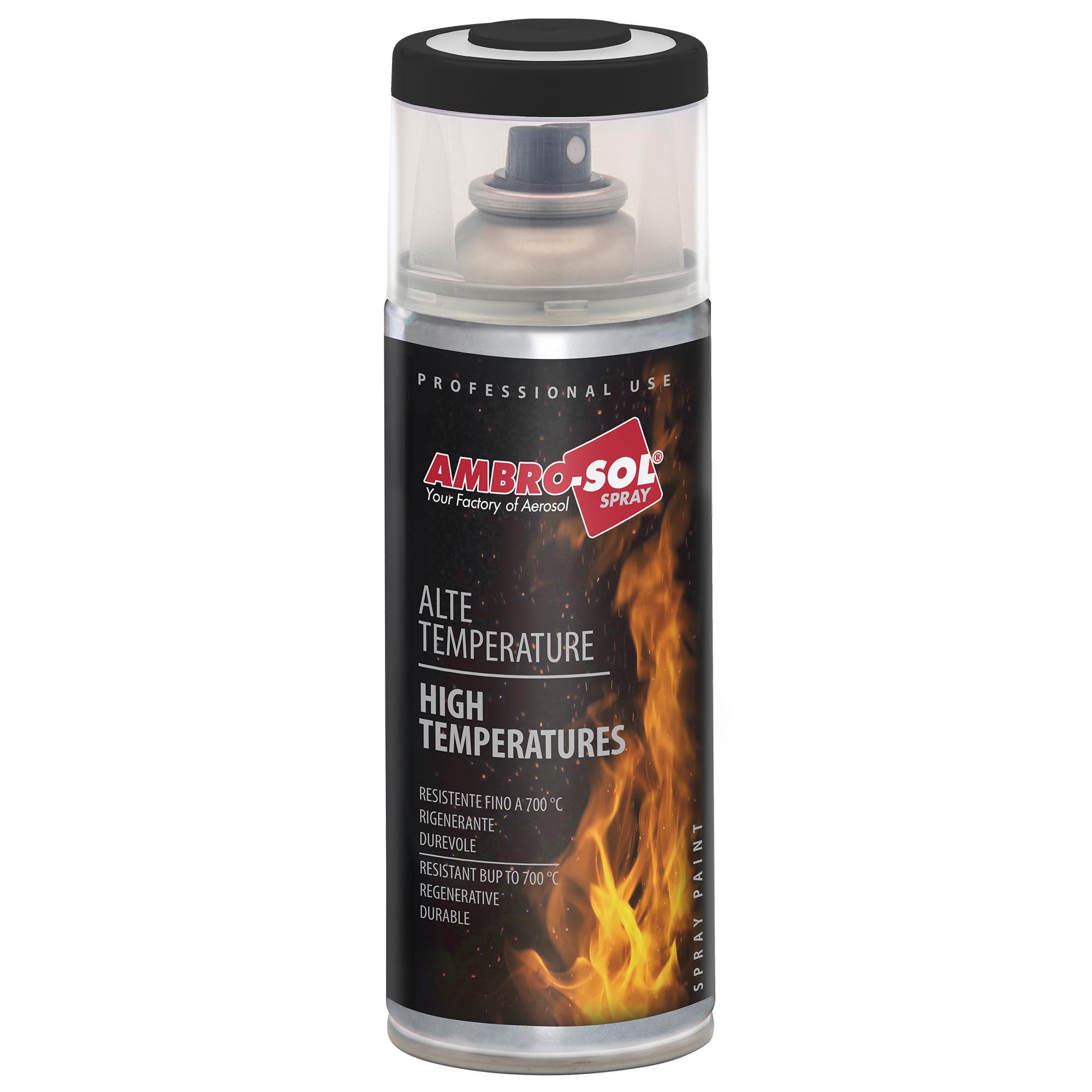 Ambro-​Sol V400TEMP1 Smalto / Vernice Rinnova Superfici Soggette ad Alte Temperature, Bomboletta Spray in Banda Stagnata Riciclabile 400 ml, Nero Opaco
