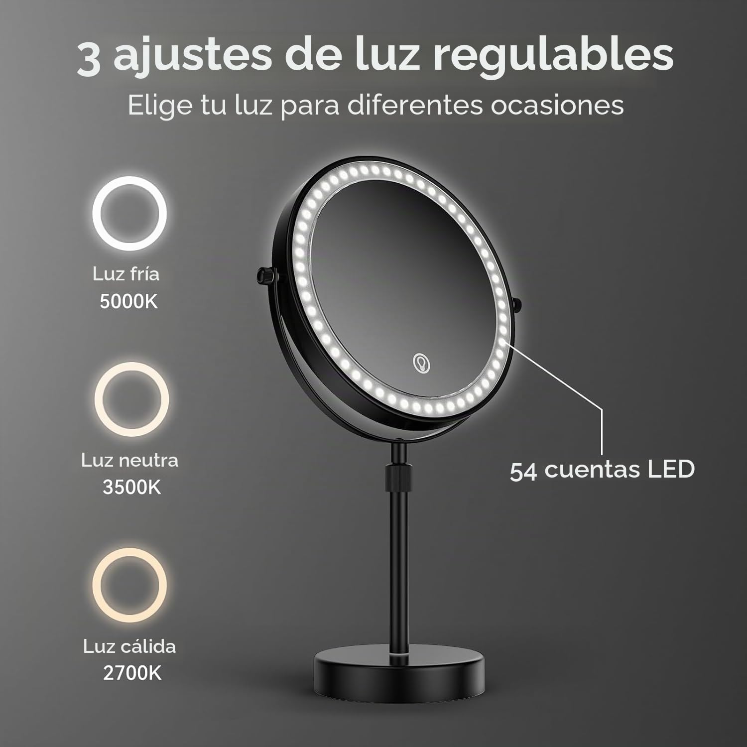 Nicesail Espejo Maquillaje con Luz - Espejo de Mesa Negro - Espejo Aumento 5X - Altura Regulable - Brillo Regulable - Luces de Tres Colores - Recargable - para Afeitado Baño,Diámetro 20 cm