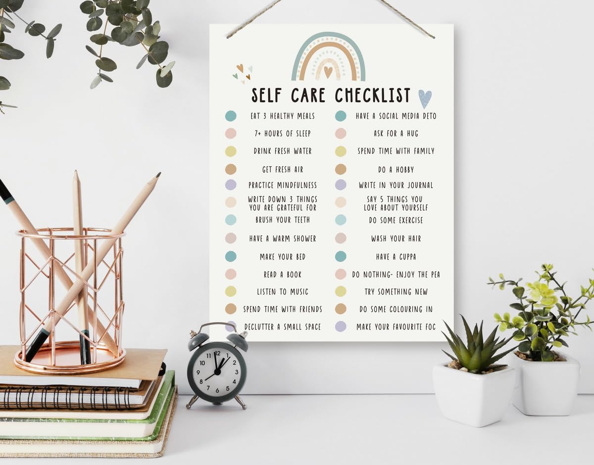 BQL Therapy Decor, Wooden Plaque, Positive Psychology Wall Art, Daily Self Care Checklist, Mental Health Decor for Home, School Counselor Office, Living Room 1