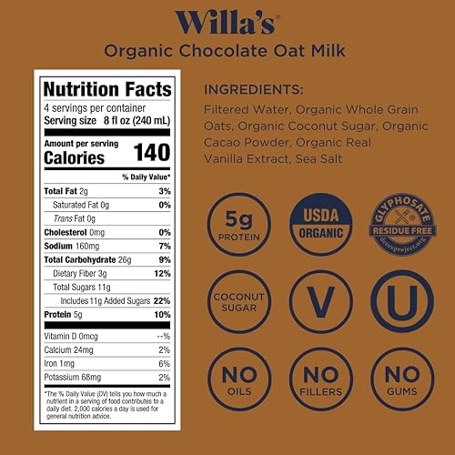 Miniatura 6 de Willa's Leche de avena orgánica – Leche de avena original sin azúcar, sin OMG, estable, baja en azúcar, leche no láctea, hecha de avena integral