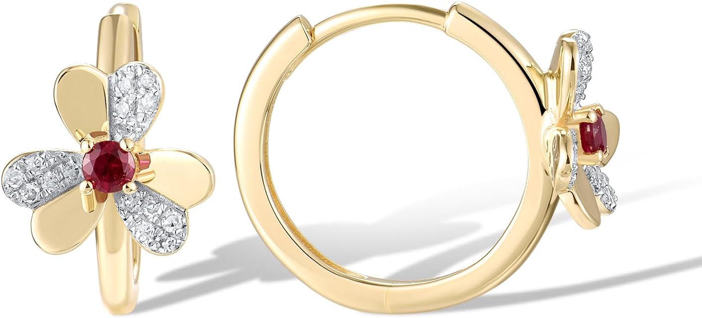 Santuzza 10K Solid Gold Flower Leaf Genuine Diamond Dainty Huggie Hoop Earrings for Women