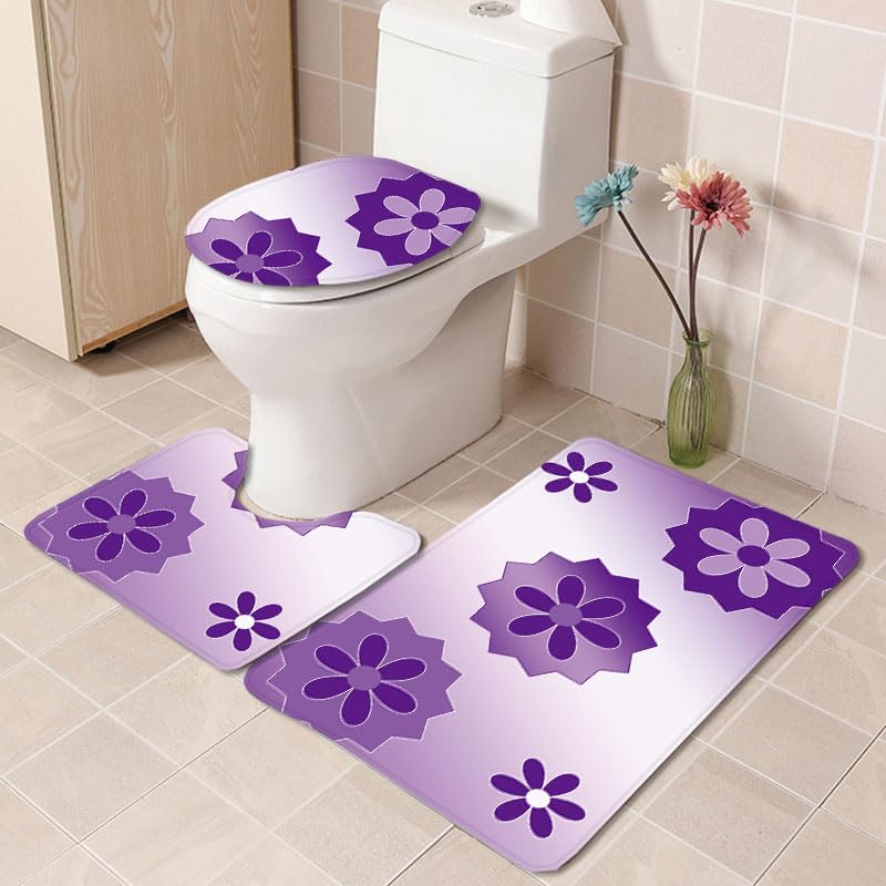 Bad Teppiche Set Elegante Lila Blumen Badezimmerteppich Waschbar WC Vorleger mit Ausschnitt und WC Deckelbezug 3 Teilig Badematte rutschfest Toilettensitzbezug Badgarnitur 50x80 cm