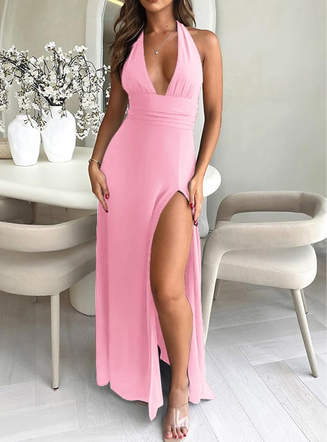 Womens Sexy Halter Deep V Neck Long Maxi Dress Sleeveless Backless Ruched Waist High Side Split Long Dresses