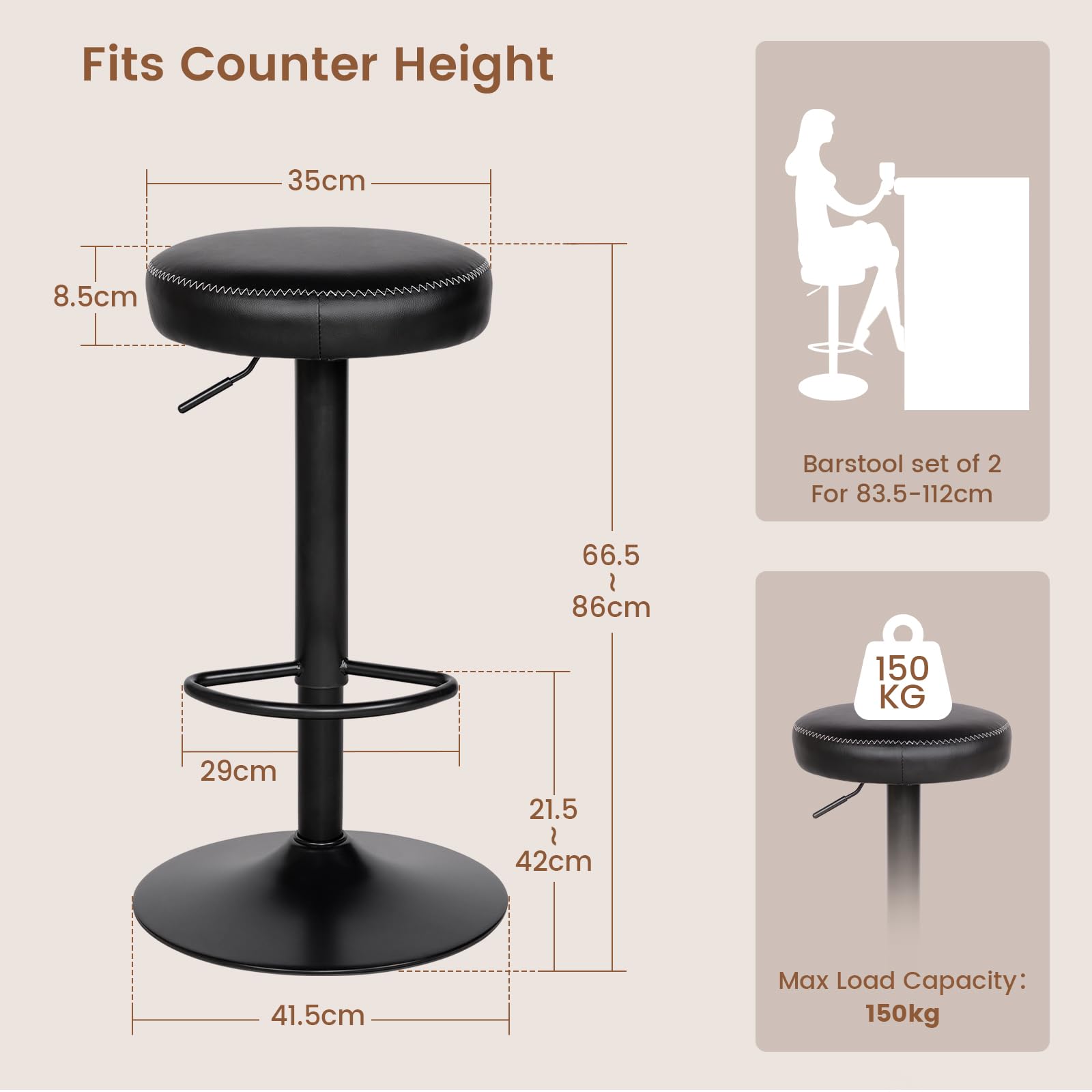 buybyroom Sgabello Cucina, Set di 2 Sgabelli da Bar Regolabili in Altezza con Poggiapiedi, Girevoli a 360°, Senza Schienale, Cuscino 8 cm, per Isola Cucina, Home Bar e Sala da Pranzo, PU, Nero