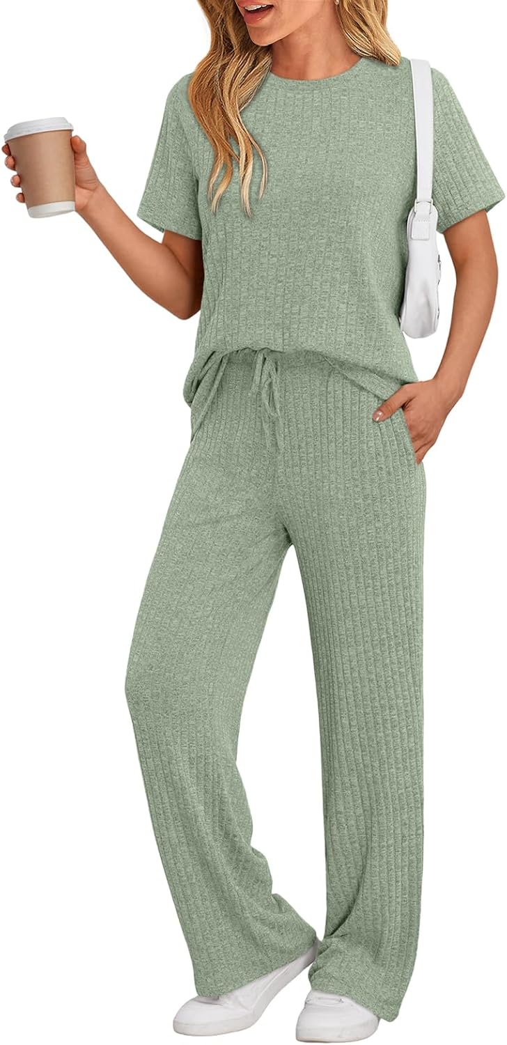 LILLUSORY 2 Piece Lounge Sets for Women Summer Vacation Outfits Fall Pajamas 2025 Matching Ribbed Casual Wide Leg Pants Sets