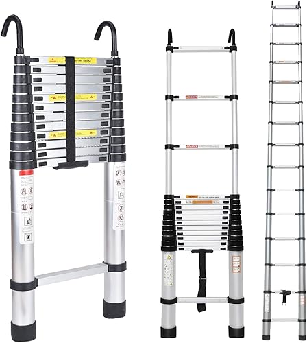 Escalera telescópica de aluminio de 16.4 pies con ganchos desmontables, escalera plegable resistente de altura ajustable, capacidad de carga de 330