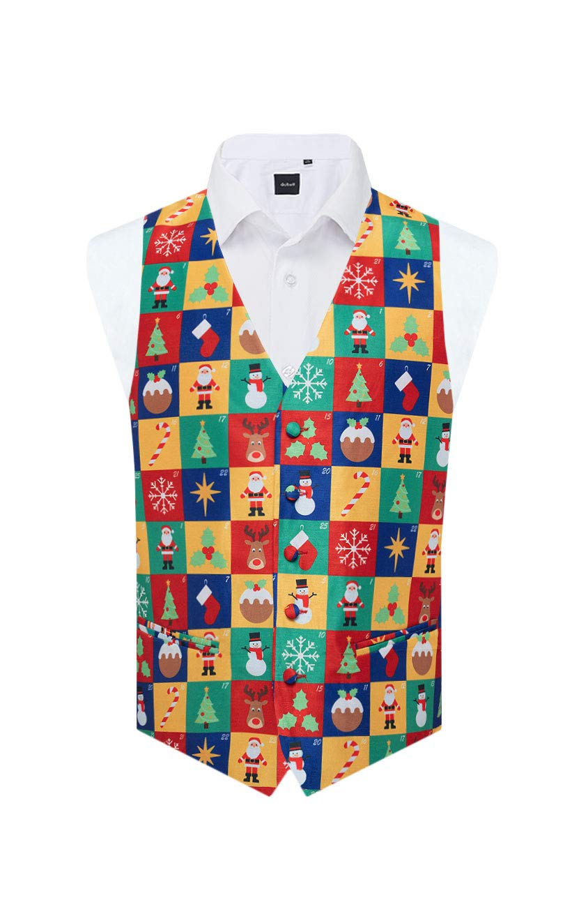 Dobell Mens Fun Christmas Waistcoat Multicoloured Advent Calendar Print Festive Party-S (34-36in)
