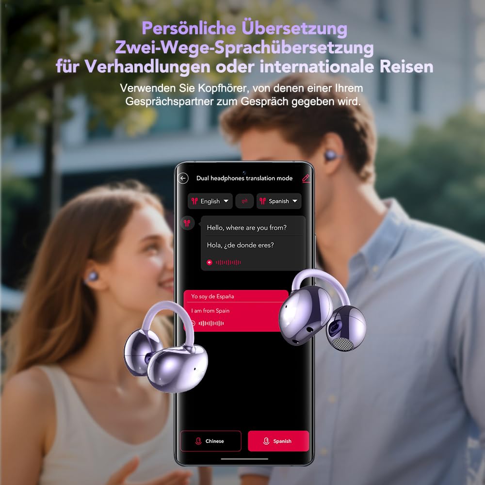 AI - Traduttore per cuffie NE32, in tempo reale, 136 lingue con app, cuffie Bluetooth senza fili, 3 in 1,40H, per iOS e Android, apprendimento, da viaggio viola