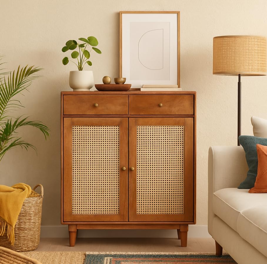 Solid Wood Atlanta Sideboard Cabinet | Sideboard Cabinet with Cane | 2 Door Sideboard | Finish- Light Brown (D-Hony Finish)-image-43