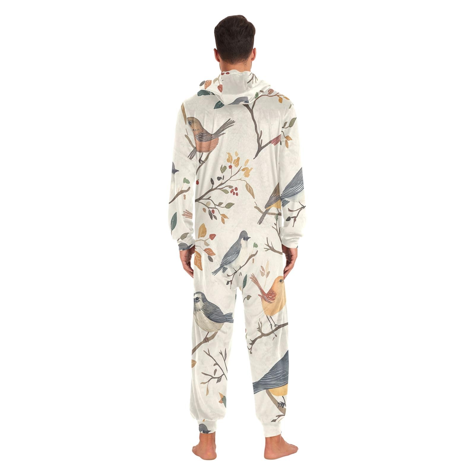 Pigiama intero natalizio con foglie e uccelli colorati, con cappuccio e cerniera, in pile, per donne e uomini, XL