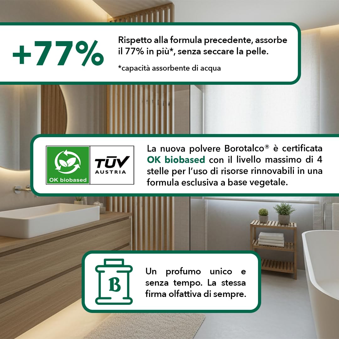 Borotalco, Polvere con Talco Vegetale, Azione Rinfrescante e Assorbente, per Pelli Sensibili, Formula 100% Vegetale, Profumo di Borotalco, Dermatologicamente Testato, Barattolo 70 g