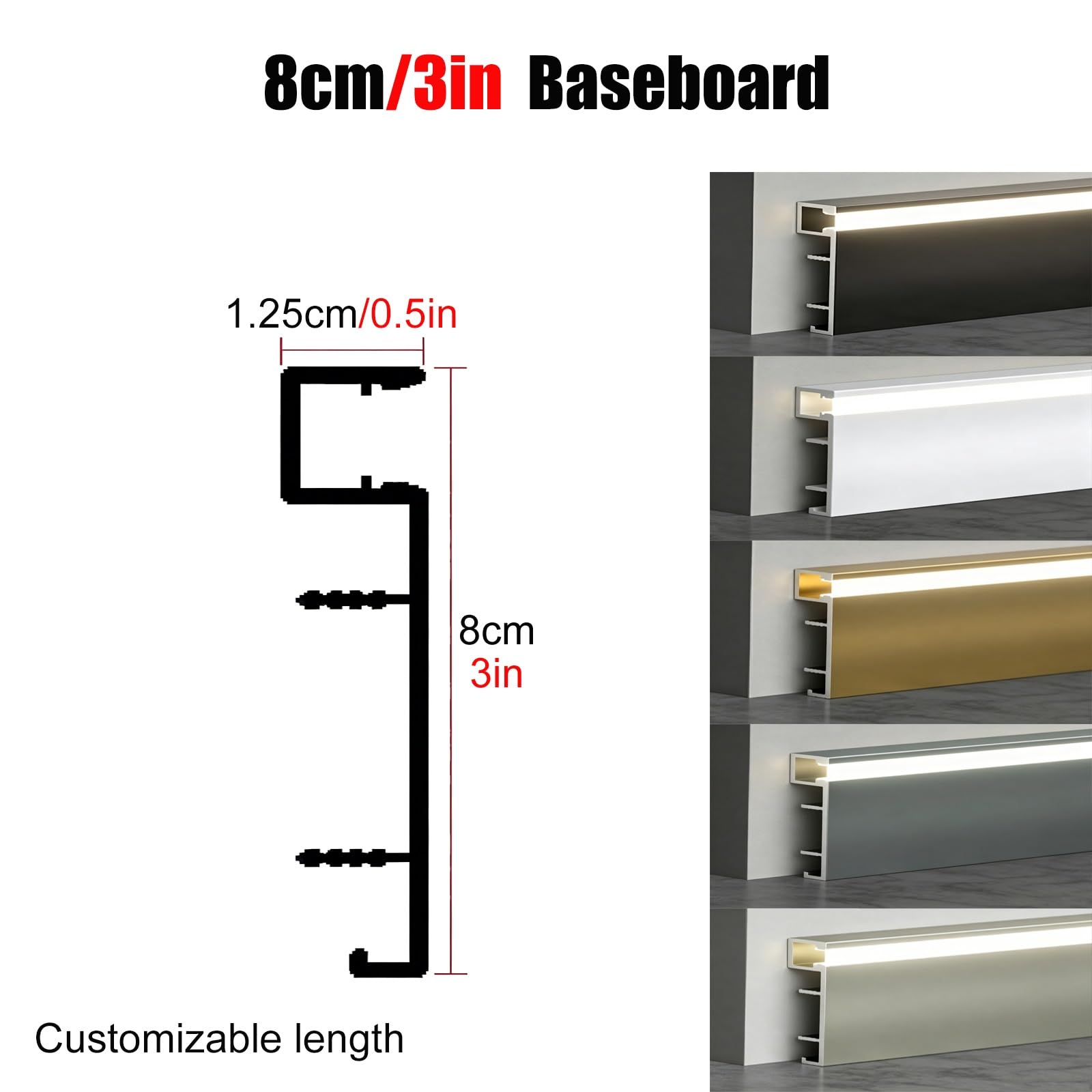 battiscopa Battiscopa Con Canale Led Bianco, Battiscopa A Pavimento Da 100 200 250 Cm Con Copertura In PC, Modanatura Battiscopa A Muro(A 8cm/3'',160cm/63in)