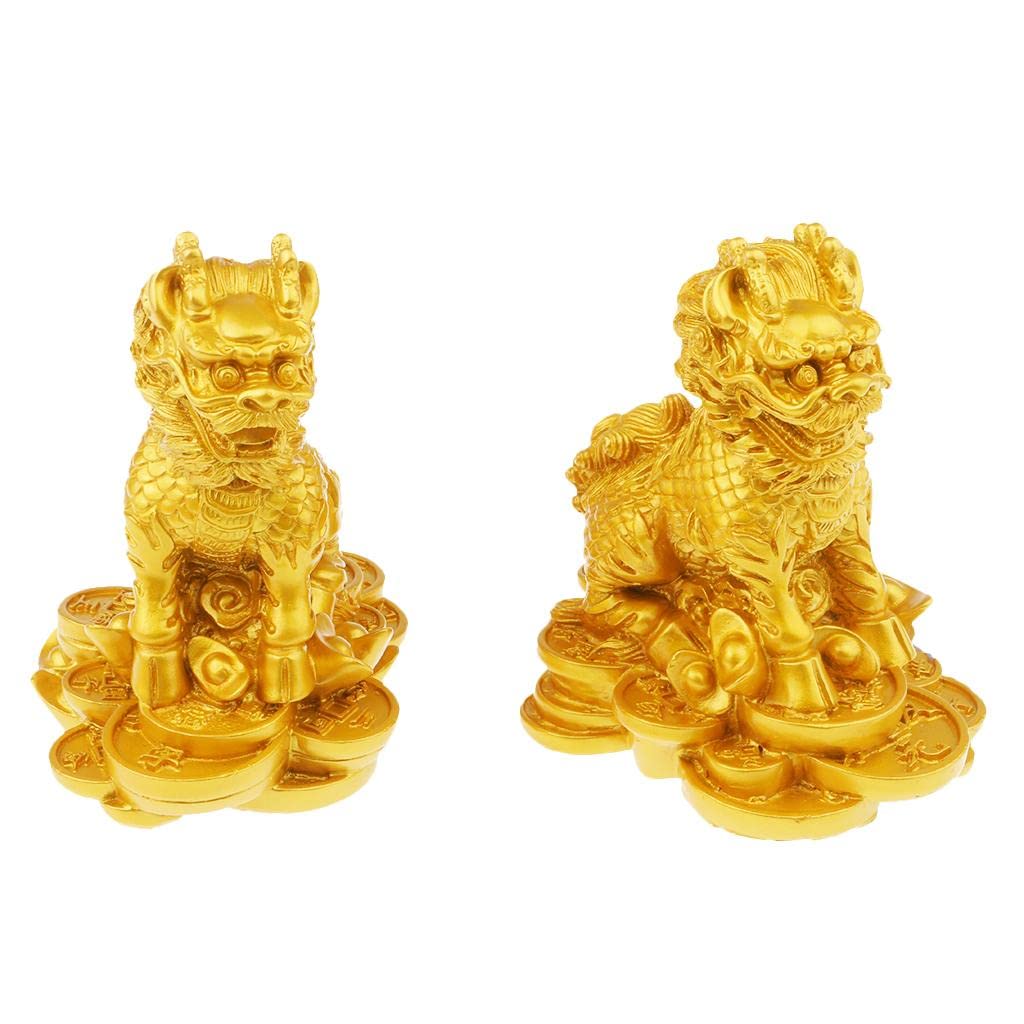 Statue lion chinois en résine or L pour décoration salon et bureau