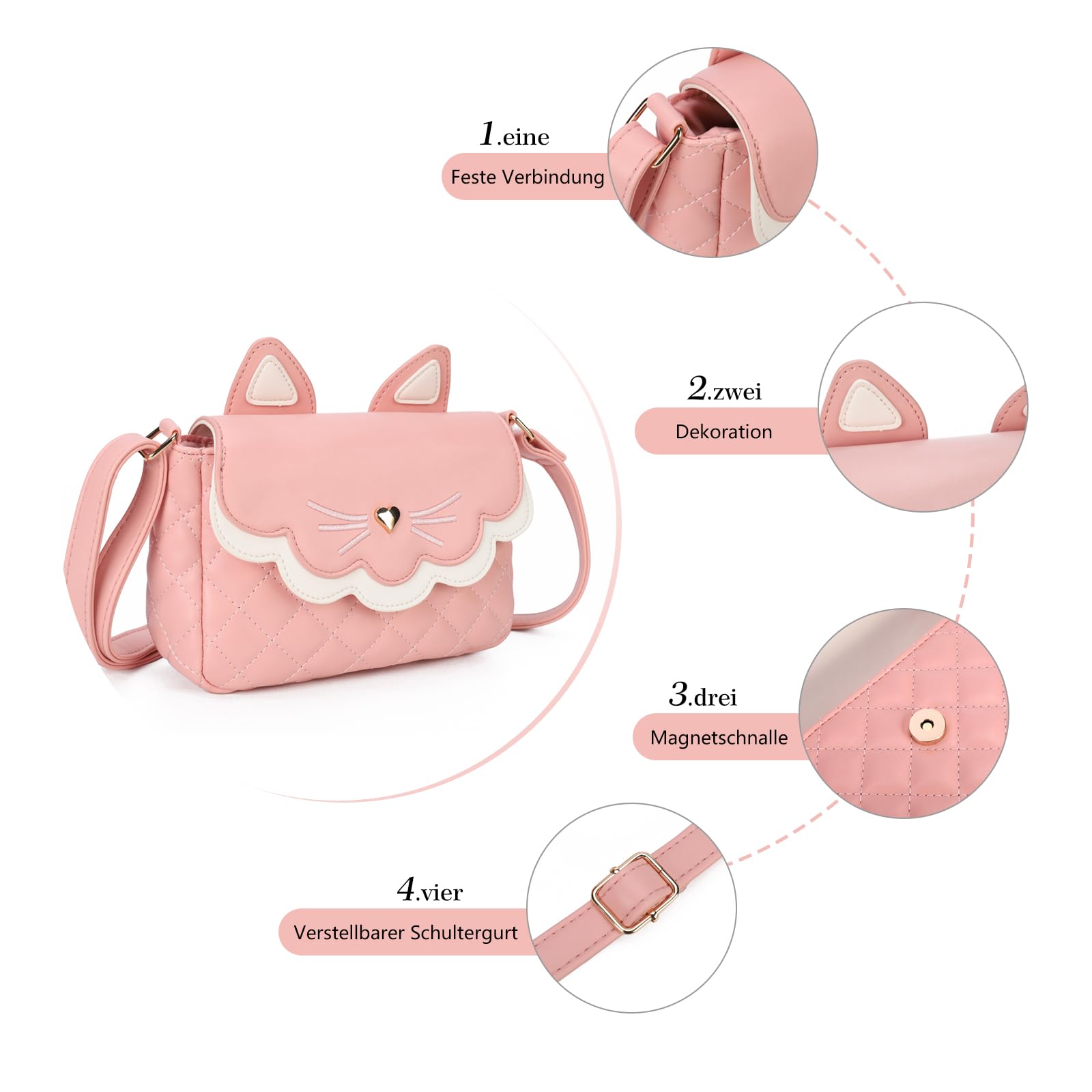 Gladdon Borsa a Tracolla per Ragazze Mini Borsa a Tracolla Borsa per orecchie di gatto Cute Princess Bag Borsa in pelle pura come regalo per ragazze, ragazzi e adolescenti Design originale(Rosa)