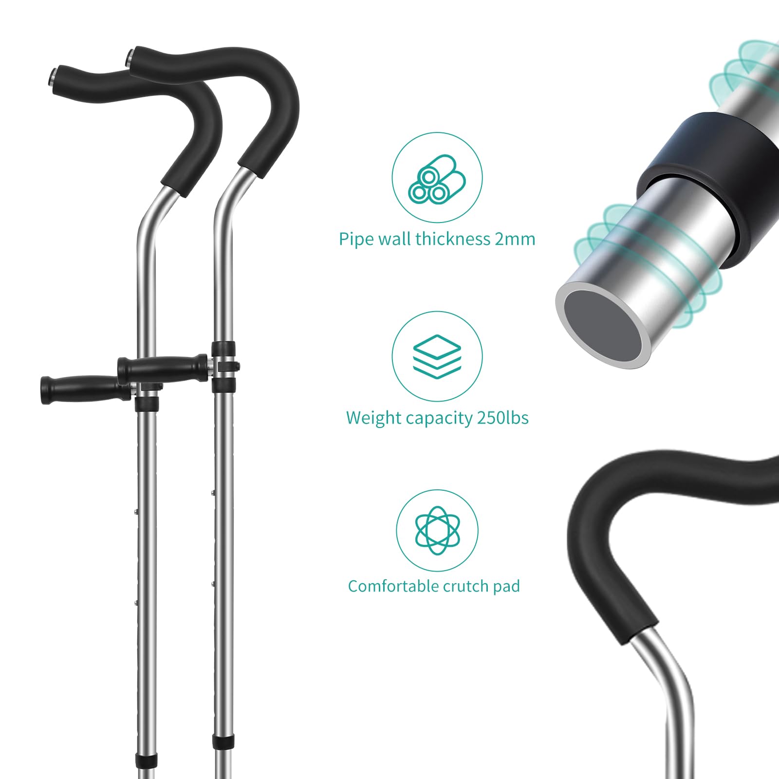 Muletas ergonómicas para axilas, portátiles con amortiguador de resorte, asas ajustables para caminar, soporta hasta 250 libras, diseño desmontable, 1 par