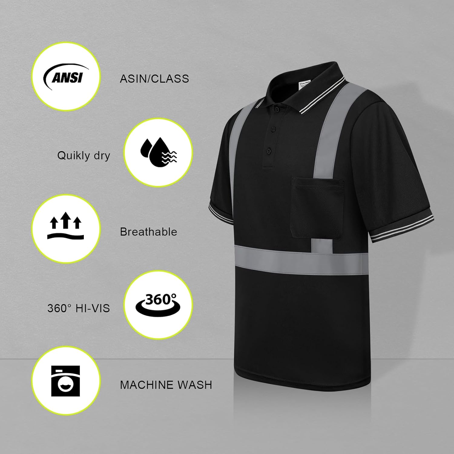 Hi Vis Polo Shirts for Men Construction Class 3 High Visibility Shirts, Reflective Safety T-Shirts for Men Women, Short Sleeve Work Shirts, Breathable, UPL-Black XL - Image 4